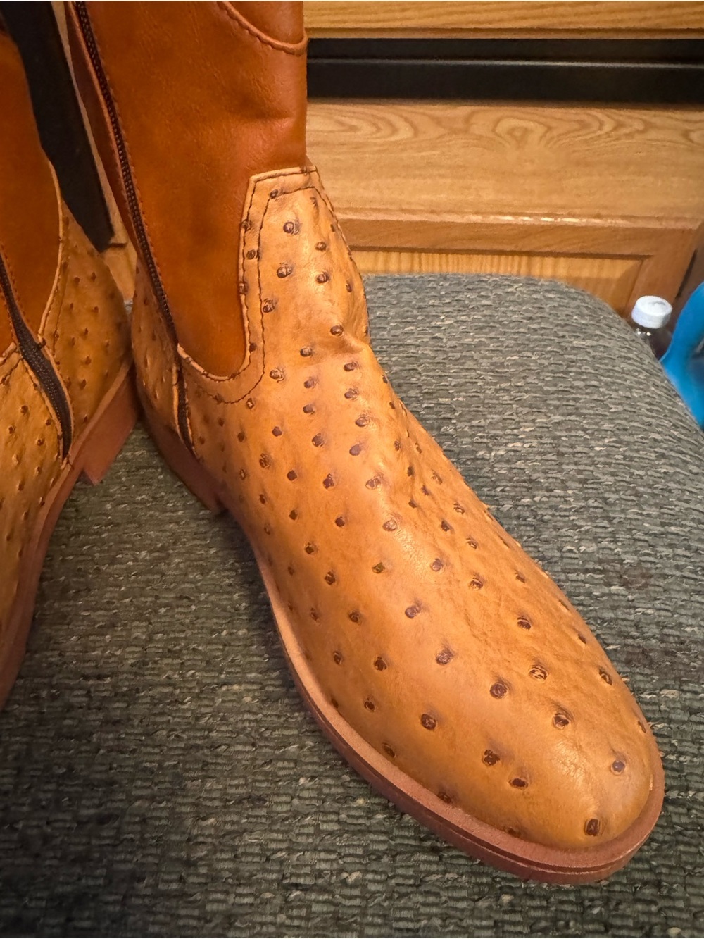 Dahongma Fashion Brown Round Toe Ostrich Pattern Women’s Zip Up Western Boots - Picture 8 of 15